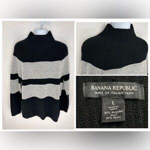 Banana Republic Italian Merino‎ Blend Chest Stripe Sweater Size Large Black Gray